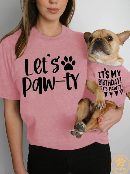 Women's Let's Pawty Puppy Pawty Dog Invitation Dog Mom Crew Neck Cotton Casual T-Shirt, color:Pink|size:3XL, Lilicloth.com