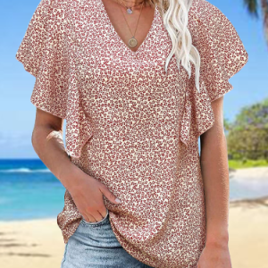 Women's Casual Floral Ruffle Shoulder T-Shirt Cover Up Beach Vacation Boho Clothing, Shirts & Blouses, color:As Picture|size:XXL, JustFashionNow