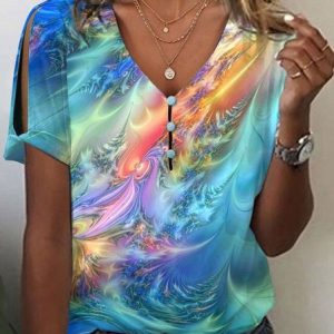 Casual Ombre V Neck T-Shirt, T-Shirts, color:Blue|size:4X, JustFashionNow
