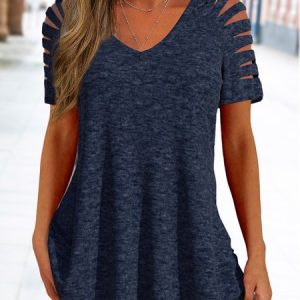 Casual Regular Fit V Neck T-Shirt, T-Shirts, color:Dark Blue|size:XXL, JustFashionNow