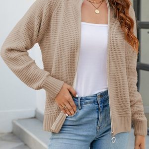 Women Plain Long Sleeve Comfy Casual Zipper Cardigan, Cardigans, color:Khaki|size:L, Noracora