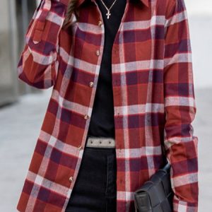 Shirt Collar Long Sleeve Plaid Buckle Regular Loose TUNIC Blouse For Women, Shirts, color:Red|size:XXL, Noracora