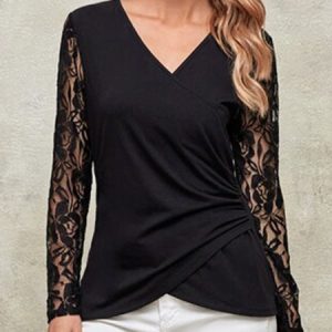 Contrast Lace Surplice Neck Ruched Side Wrap Hem Top, Shirts & Blouses, color:Black|size:XXL, JustFashionNow