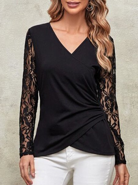 Contrast Lace Surplice Neck Ruched Side Wrap Hem Top, Shirts & Blouses, color:Black|size:XXL, JustFashionNow