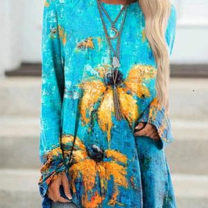 Floral Loose Crew Neck Casual T-Shirt, T-Shirts, color:Blue|size:XXL, JustFashionNow