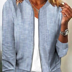 Long Sleeve Striped Regular Micro-Elasticity Loose Jacket For Women, Jackets, color:Blue|size:XXL, Noracora