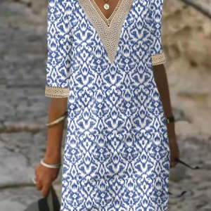 Casual Loose V Neck Lace Dress, Dresses, color:Blue|size:XXL, JustFashionNow