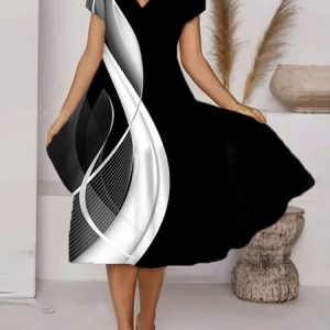 Regular Fit Black And White Colorblock V Neck Short Sleeve Casual Dress, Midi, color:Black-white|size:XXL, Noracora