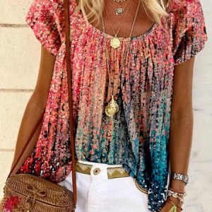 Plus Size Casual Ombre Loose Crew Neck Shirt, TOPS, color:Red|size:4X, Noracora