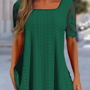 Square Neck Simple Lace Plain T-Shirt, Shirts & Blouses, color:Green|size:XXL, JustFashionNow