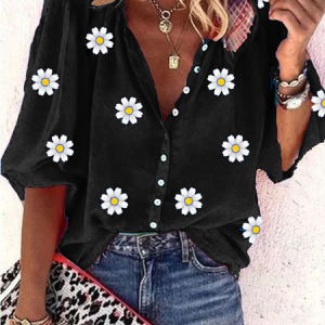 Casual Daisy Loose Stand Collar Three Quarter Sleeve Blouse, Shirts, color:Black|size:XS, catalog Noracora shop