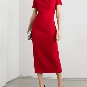 Elegant Plain Regular Fit Midi Dress With No Belt, Midi Dresses, color:Red|size:XXL, Stylewe