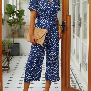 Loose V Neck Floral Vacation Jumpsuit, Jumpsuits&Rompers, color:Gray|size:XXL, JustFashionNow