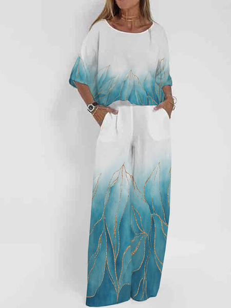 Crew Neck Loose Casual Two-Piece Set, Suit Set, color:Blue|size:XXL, JustFashionNow