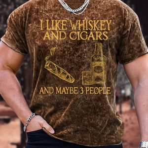 Men's Funny I Like Whiskey And Cigars And Maybe 3 People Graphic Printing Casual Loose Text Letters Crew Neck T-Shirt, color:Yellow|size:3XL, Lilicloth.com
