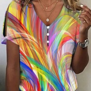 Knitted Gradient Pattern Casual V Neck T-Shirt, T-shirts, color:Yellow|size:XXL, catalog Noracora shop