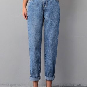 Plain Buckle Pockets Casual Denim Jeans, Denim&Jeans, color:Blue|size:XL, Noracora