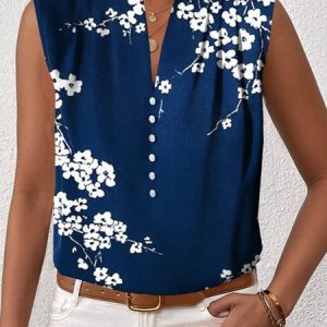 Casual V Neck Buckle Shirt, Tanks & Camis, color:Deep Blue|size:XXL, JustFashionNow
