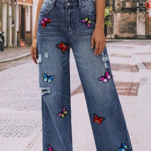 Loose Vacation Embroidery Butterfly Jeans, Jeans, color:Blue|size:XXL, JustFashionNow