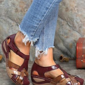 JFN  Faux Leather Vintage Contrast Comfortable Velcro Sandals, Sandals, color:Red|size:US 11, JustFashionNow