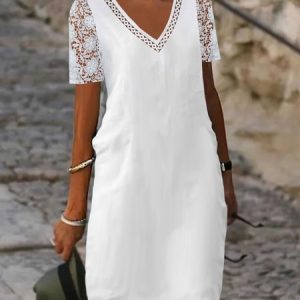Casual Plain Lace V Neck Dress, Midi, color:White|size:XXL, Noracora