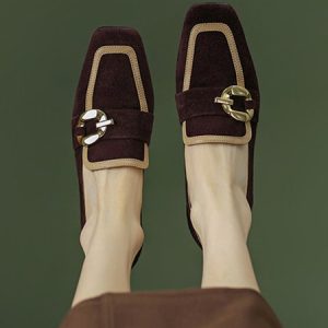 Women's Fashion Retro Metal Buckle Square Toe Loafers, Loafers, color:Deep Brown|size:39, Stylewe