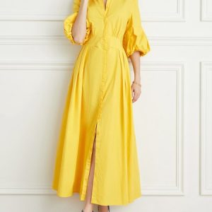 Plain Elegant Shirt Collar Dress, Dresses, color:Yellow|size:XXL, Stylewe
