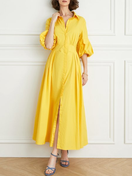 Plain Elegant Shirt Collar Dress, Dresses, color:Yellow|size:XXL, Stylewe
