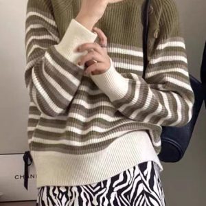 Women Striped Long Sleeve Comfy Casual Buckle Sweater, Sweaters, color:Green|size:One-size, Noracora