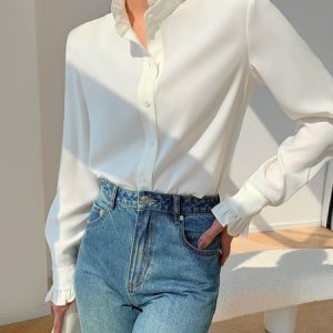 Elegant Plain Long sleeve Loose Blouse, Blouses and Shirts, color:White|size:XXL, Stylewe