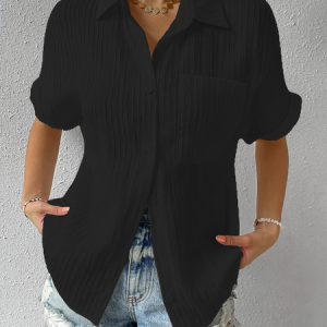 Shirt Collar Casual Buttoned Loose Blouse, Shirts, color:Black|size:XXL, catalog Noracora shop