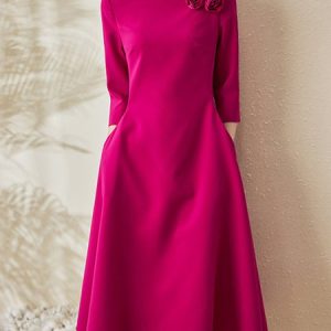 Boat Neck Regular Fit Elegant Dress, Midi Dresses, color:Rose Red|size:XXL, Stylewe