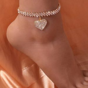 Fashion Rhinestone Heart Pendant Anklet, Anklet, color:Golden|size:One-size, Noracora