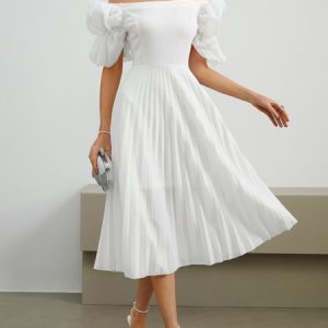 Plain Boat Neck Regular Fit Elegant Wedding Dress, Maxi Dresses, color:White|size:XXL, Stylewe