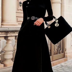 Wool/Knitting Regular Fit Elegant Plain Dress, Midi Dresses, color:Black|size:XXL, Stylewe