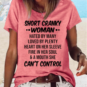 Womens Funny Short Cranky Woman Letters Casual Crew Neck T-Shirt, color:Pink|size:3XL, Lilicloth.com