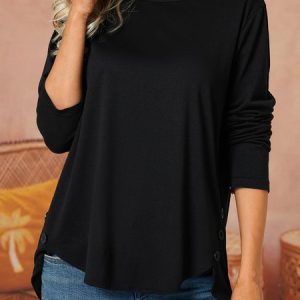 Women Cotton-Blend Plain Simple Top, Long sleeves, Lilicloth.com