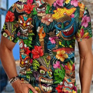 Men's Hawaiian Sunset Tropical Coconut Tree Art Print Hawaii Regular Fit Nationality/Ethnic Polo Shirt, T-shirts, Lilicloth.com
