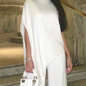 Plain Elegant Turtleneck Loose Shirt, Blouses and Shirts, color:Off White|size:XXL, Stylewe