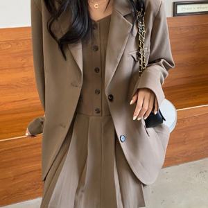Simple Long Sleeve Cotton Blazer, Blazers, color:Khaki|size:One-size, JustFashionNow