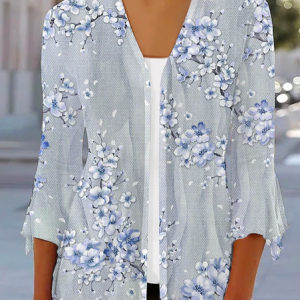 Cross Neck Three Quarter Sleeve Floral Regular Loose Kimono For Women 2023, Kimono, color:Blue|size:XXL, catalog Noracora shop