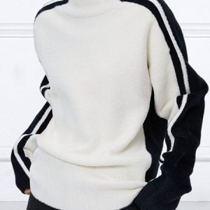 Color Block Loose Urban Turtleneck Loose Sweater, Pullovers, color:White|size:XXL, Stylewe