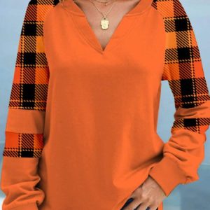 Casual Plaid V Neck Sweatshirt, Sweatshirts & Hoodies, color:Orange|size:XXL, JustFashionNow