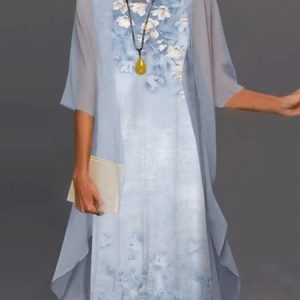 Casual Floral Sleeveless Round Neck Printed Dress With Three Quarter Coats, Suit Set, color:Blue|size:XXL, JustFashionNow