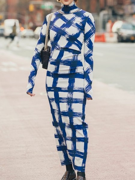 Striped Urban Half Turtleneck Dress, Maxi Dresses, color:white-blue|size:XXL, Stylewe