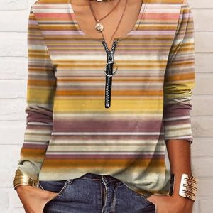 Notched Long Sleeve Striped Zipper Regular Loose Shirt For Women, Blouses, color:Yellow|size:3XL, Noracora