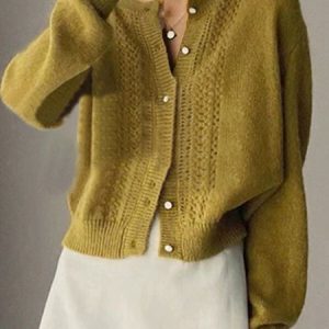 Women Plain Long Sleeve Comfy Vintage Cardigan, Cardigans, color:Yellow|size:XL, Noracora