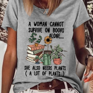 Women's Plant Lover And Book Lover Crew Neck Casual T-Shirt, color:Gray|size:3XL, Lilicloth.com