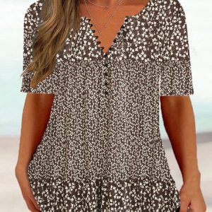 Plus Size Floral Casual Loose Crew Neck Shirt, Shirts & Blouses, color:Brown|size:4X, JustFashionNow