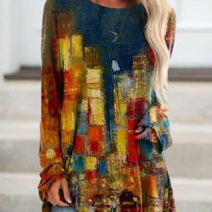 New Women Fashion Holiday Casual Vintage Long Sleeve Top, T-Shirts, color:Multicolor|size:XXL, JustFashionNow
